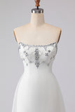Strapless White Beaded A Line Long Prom Dress