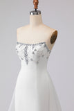 Strapless White Beaded A Line Long Prom Dress
