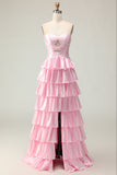 Strapless Pink A Line Tiered Cut Out Prom Dress