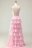 Strapless Pink A Line Tiered Cut Out Prom Dress