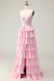Strapless Pink A Line Tiered Cut Out Prom Dress