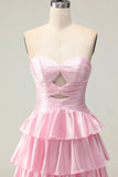 Strapless Pink A Line Tiered Cut Out Prom Dress