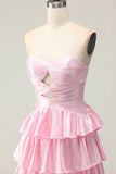 Strapless Pink A Line Tiered Cut Out Prom Dress