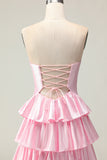 Strapless Pink A Line Tiered Cut Out Prom Dress