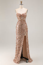 Sparkly Champagne Strapless A Line Prom Dress
