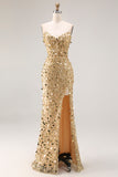 Golden Sequin Corset Strapless Beaded Prom Dress