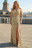 Sparkly Golden Mermaid Corset Sweetheart Plus Size Prom Dress With Slit