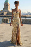 Sparkly Golden Corset Sweetheart Long Prom Dress With Slit