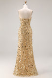Golden Sequin Corset Strapless Beaded Prom Dress