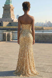 Sparkly Golden Corset Sweetheart Long Prom Dress With Slit