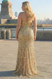 Sparkly Golden Mermaid Corset Sweetheart Plus Size Prom Dress With Slit