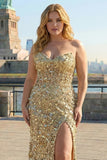 Sparkly Golden Mermaid Corset Sweetheart Plus Size Prom Dress With Slit