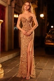 Golden Sequin Corset Strapless Beaded Prom Dress