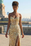 Sparkly Golden Corset Sweetheart Long Prom Dress With Slit