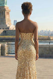 Sparkly Golden Corset Sweetheart Long Prom Dress With Slit