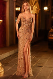 Golden Sequin Corset Strapless Beaded Prom Dress