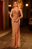 Golden Sequin Corset Strapless Beaded Prom Dress