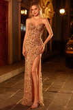 Golden Sequin Corset Strapless Beaded Prom Dress