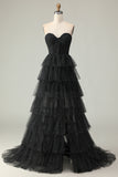 Black White Dot Strapless Corset Tiered Prom Dress
