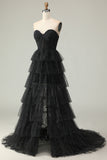 Tiered Black White Dot Strapless A Line Prom Dress
