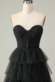 Tiered Black White Dot Strapless A Line Prom Dress
