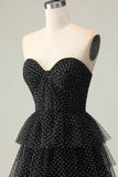 Tiered Black White Dot Strapless A Line Prom Dress