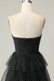 Tiered Black White Dot Strapless A Line Prom Dress