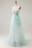 Light Green Tiered Strapless A Line Prom Dress