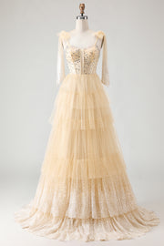 Sparkly Apricot Corset Tiered Bowed Prom Dress