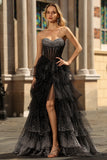 Glitter Black White Dot Strapless Corset Tiered Prom Dress