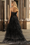Glitter Black White Dot Strapless Corset Tiered Prom Dress