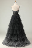 Glitter Black White Dot Strapless Corset Tiered Prom Dress