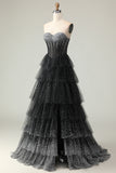 Black White Dot Glitter Strapless Corset Tiered Prom Dress