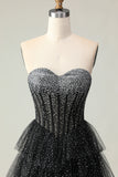 Black White Dot Glitter Strapless Corset Tiered Prom Dress