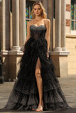 Glitter Black White Dot Strapless Corset Tiered Prom Dress