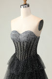 Black White Dot Glitter Strapless Corset Tiered Prom Dress