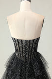 Black White Dot Glitter Strapless Corset Tiered Prom Dress