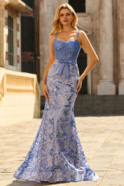 Mermaid Grey Blue Corset Sequin Applique Long Prom Dress With Bow