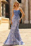 Mermaid Grey Blue Corset Sequin Applique Long Prom Dress With Bow
