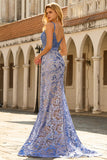 Mermaid Grey Blue Corset Sequin Applique Long Prom Dress With Bow