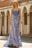 Mermaid Grey Blue Corset Sequin Applique Long Prom Dress With Bow