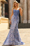 Mermaid Grey Blue Corset Sequin Applique Long Prom Dress With Bow
