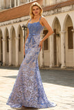 Mermaid Grey Blue Corset Sequin Applique Long Prom Dress With Bow