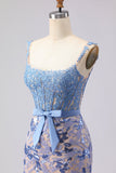 Grey Blue Mermaid Sequin Applique Corset Long Prom Dress with Bow