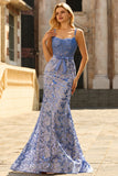 Mermaid Grey Blue Corset Sequin Applique Long Prom Dress With Bow
