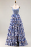Corset A Line Tiered Sequin Grey Blue Long Prom Dress With Slit