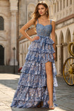 Grey Blue A Line Tiered Sequin Corset Long Prom Dress With Slit