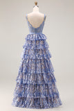 Grey Blue A Line Tiered Sequin Corset Long Prom Dress With Slit