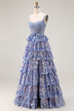 Corset A Line Tiered Sequin Grey Blue Long Prom Dress With Slit