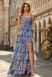 Grey Blue A Line Tiered Sequin Corset Long Prom Dress With Slit